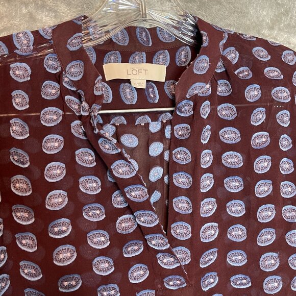 LOFT Women 100% Silk Retro Popover Long Sleeve Polka Dot Sheer Top XS Brown - Picture 5 of 10